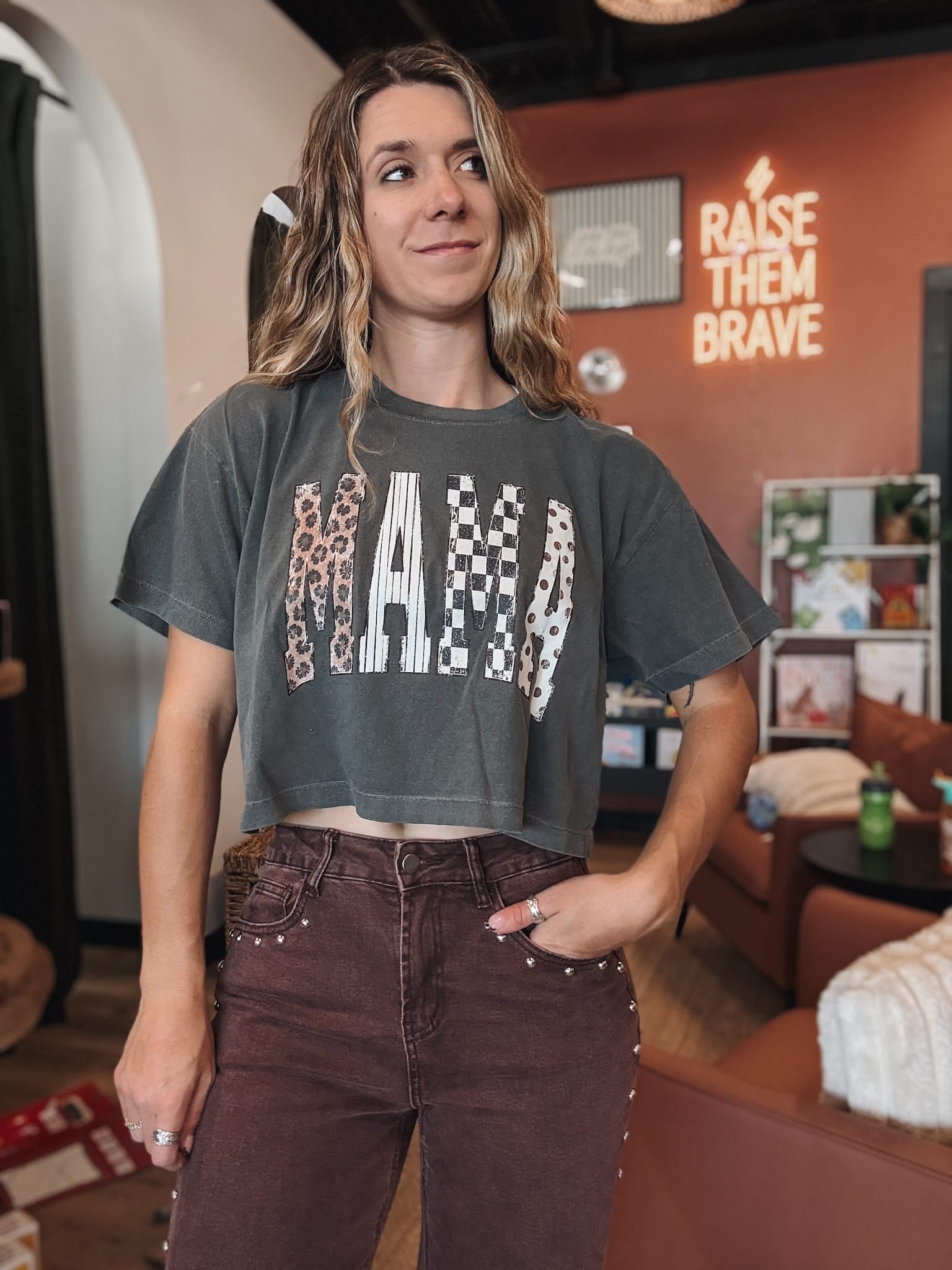 Women's Tees Mama Print Washed Crop Top Raising Brave Boutique