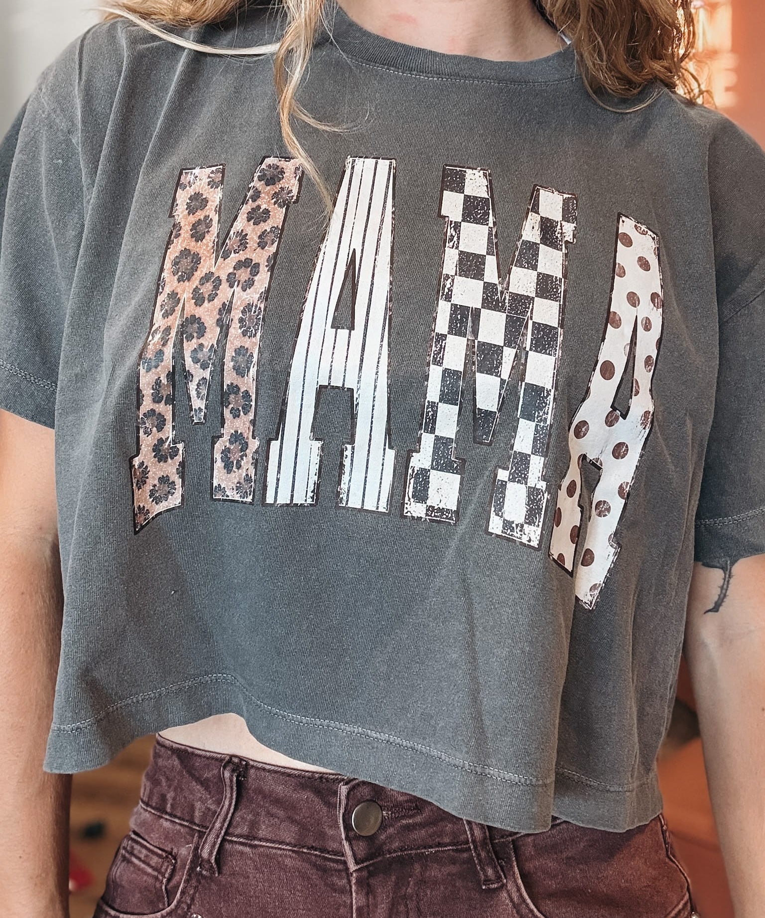 Women's Tees Mama Print Washed Crop Top Raising Brave Boutique