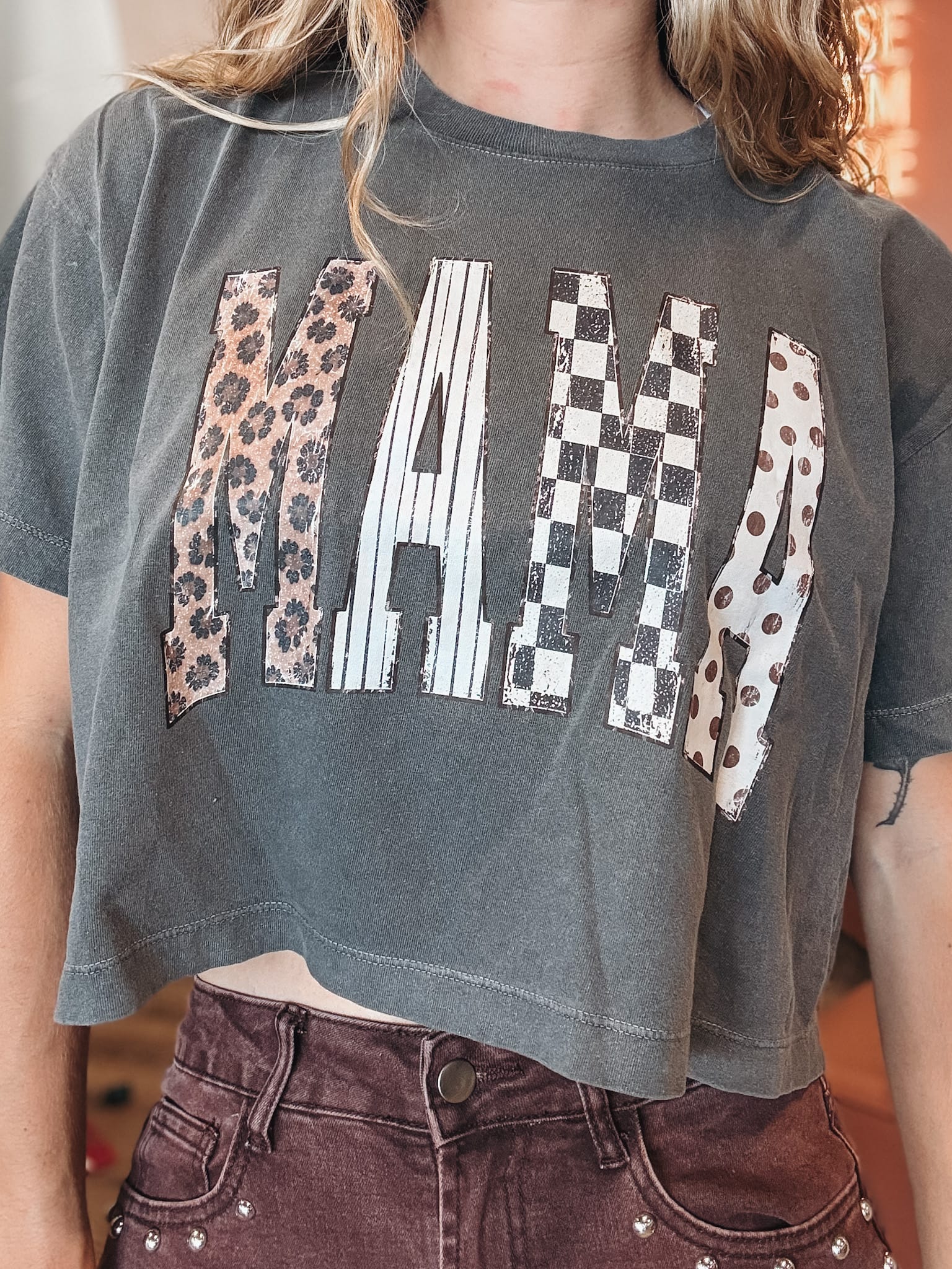 Women's Tees Mama Print Washed Crop Top Raising Brave Boutique