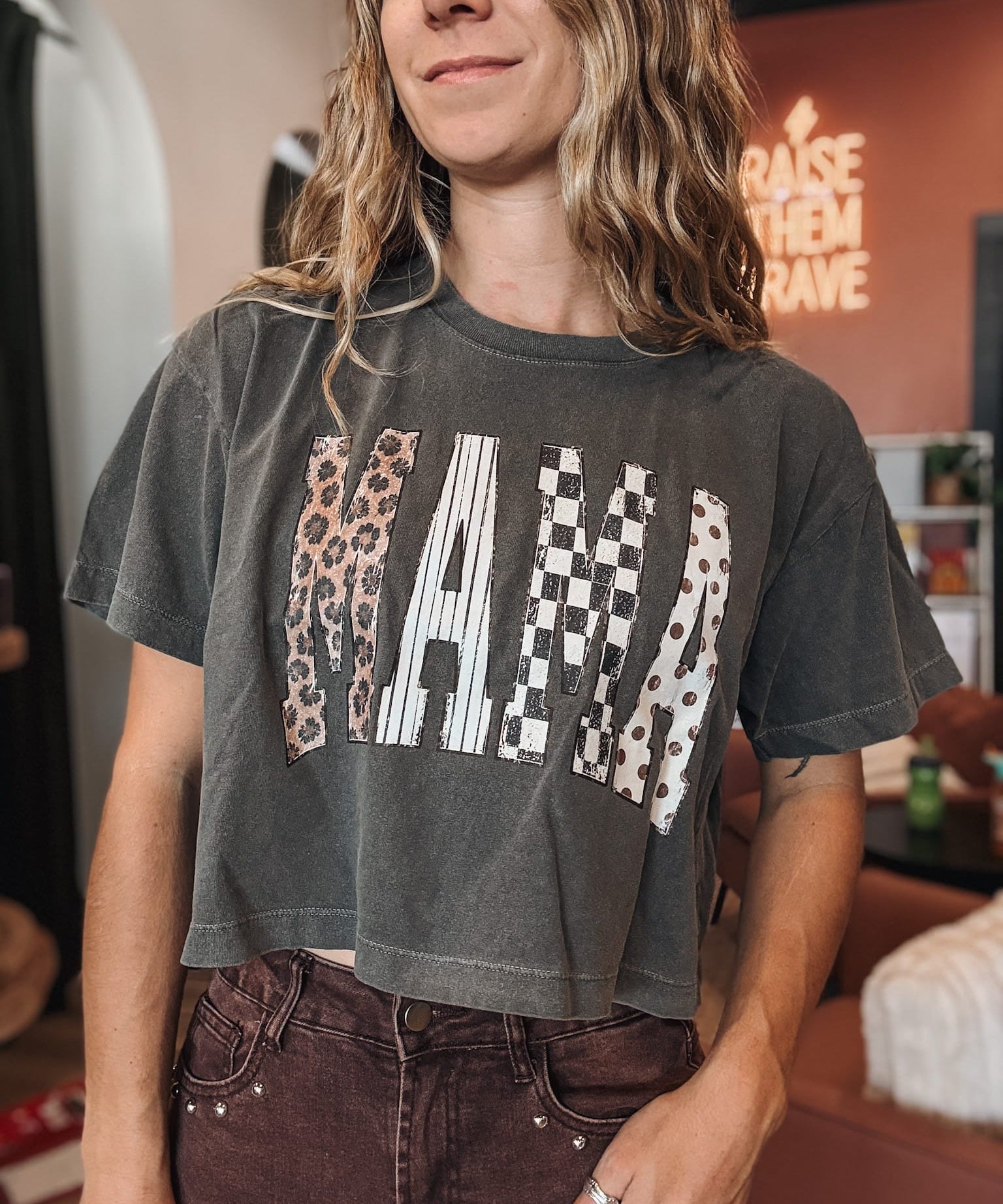 Women's Tees Mama Print Washed Crop Top Raising Brave Boutique