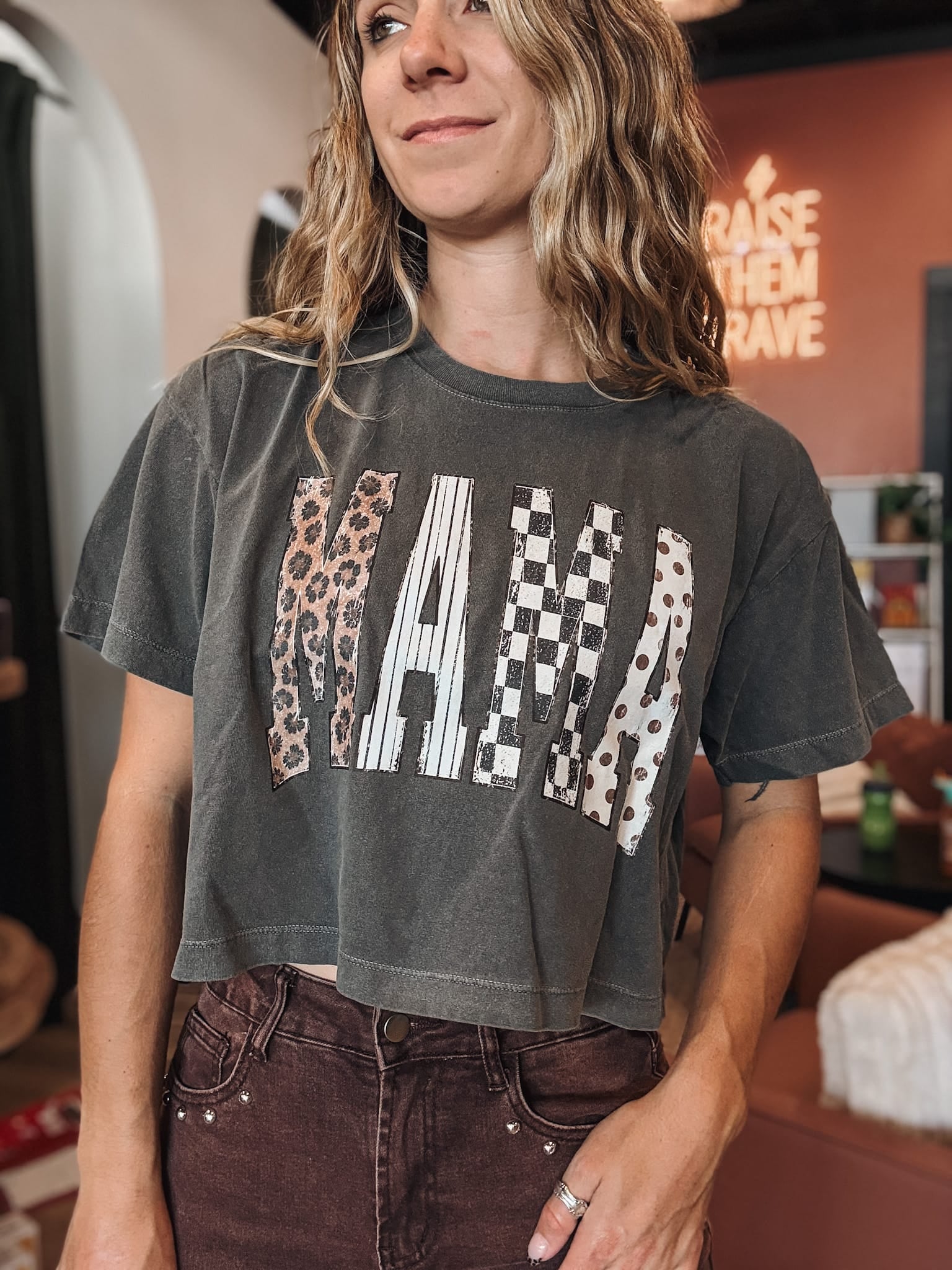 Women's Tees Mama Print Washed Crop Top Raising Brave Boutique