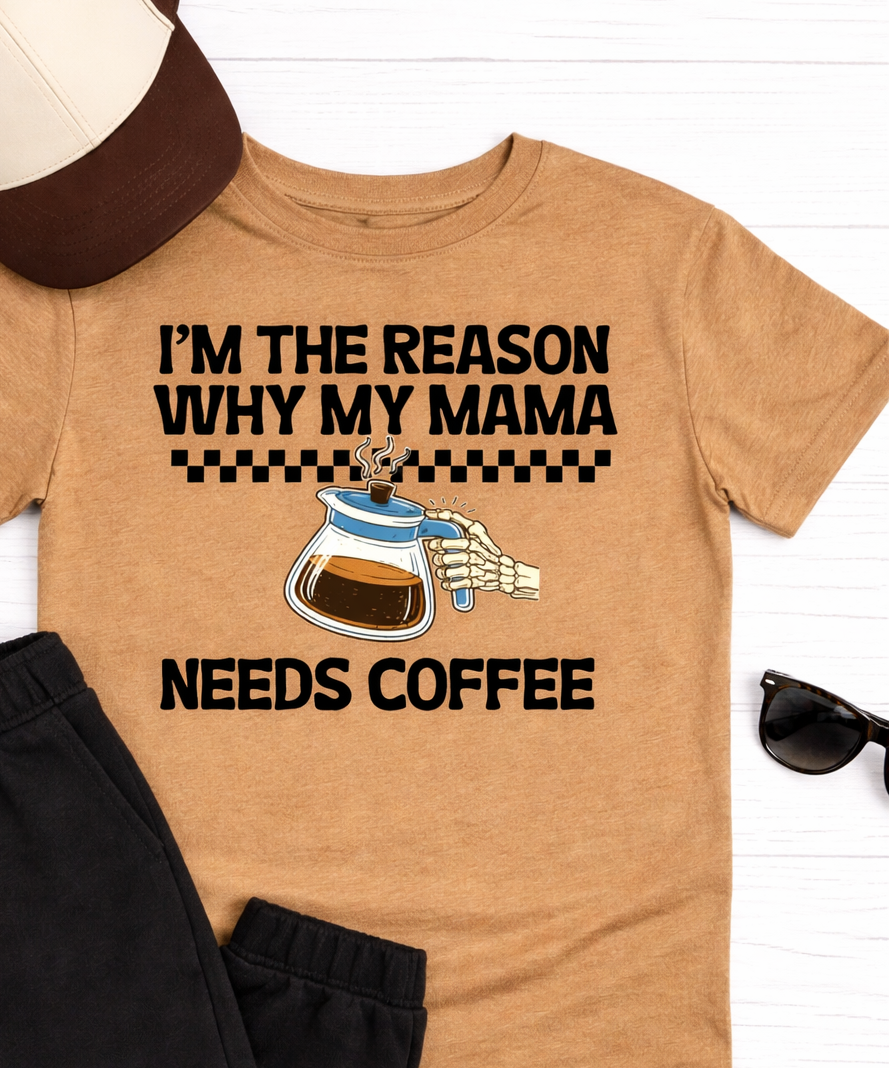 Tan t-shirt with humorous text design, black pants, and sneakers on a white background