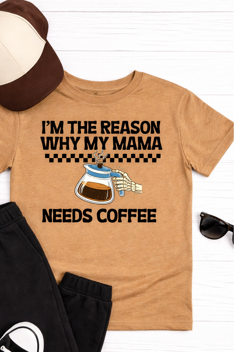 Tan t-shirt with humorous text design, black pants, and sneakers on a white background