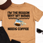 Tan t-shirt with humorous text design, black pants, and sneakers on a white background