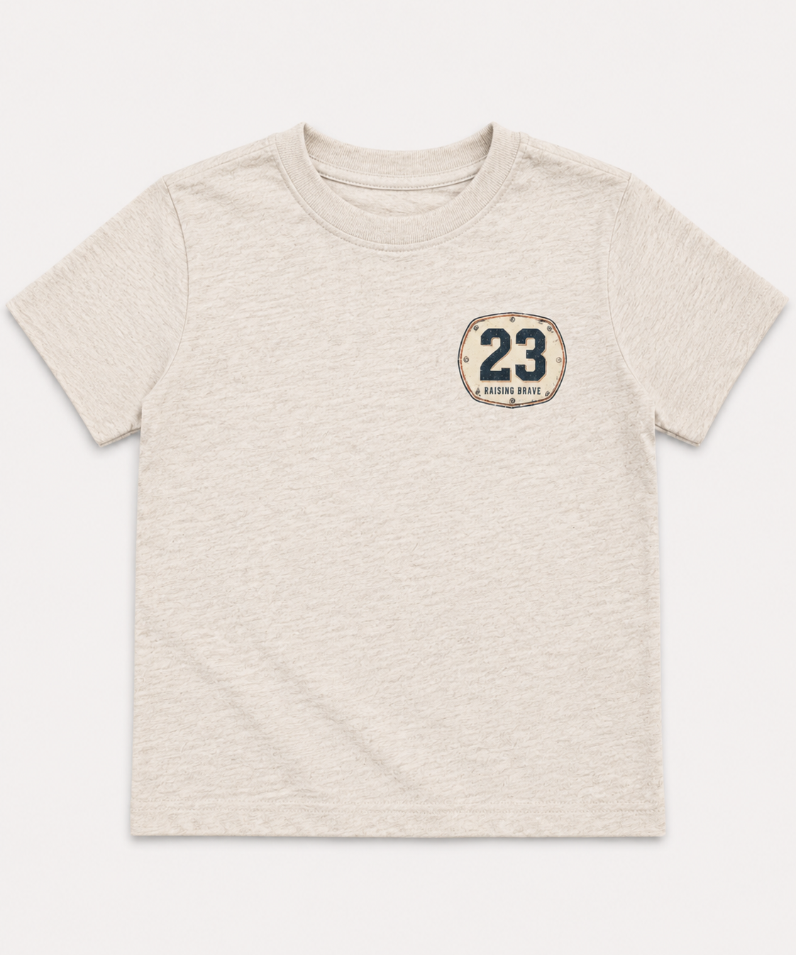 Beige t-shirt with a dirt bike plate with the number 23 on a white background