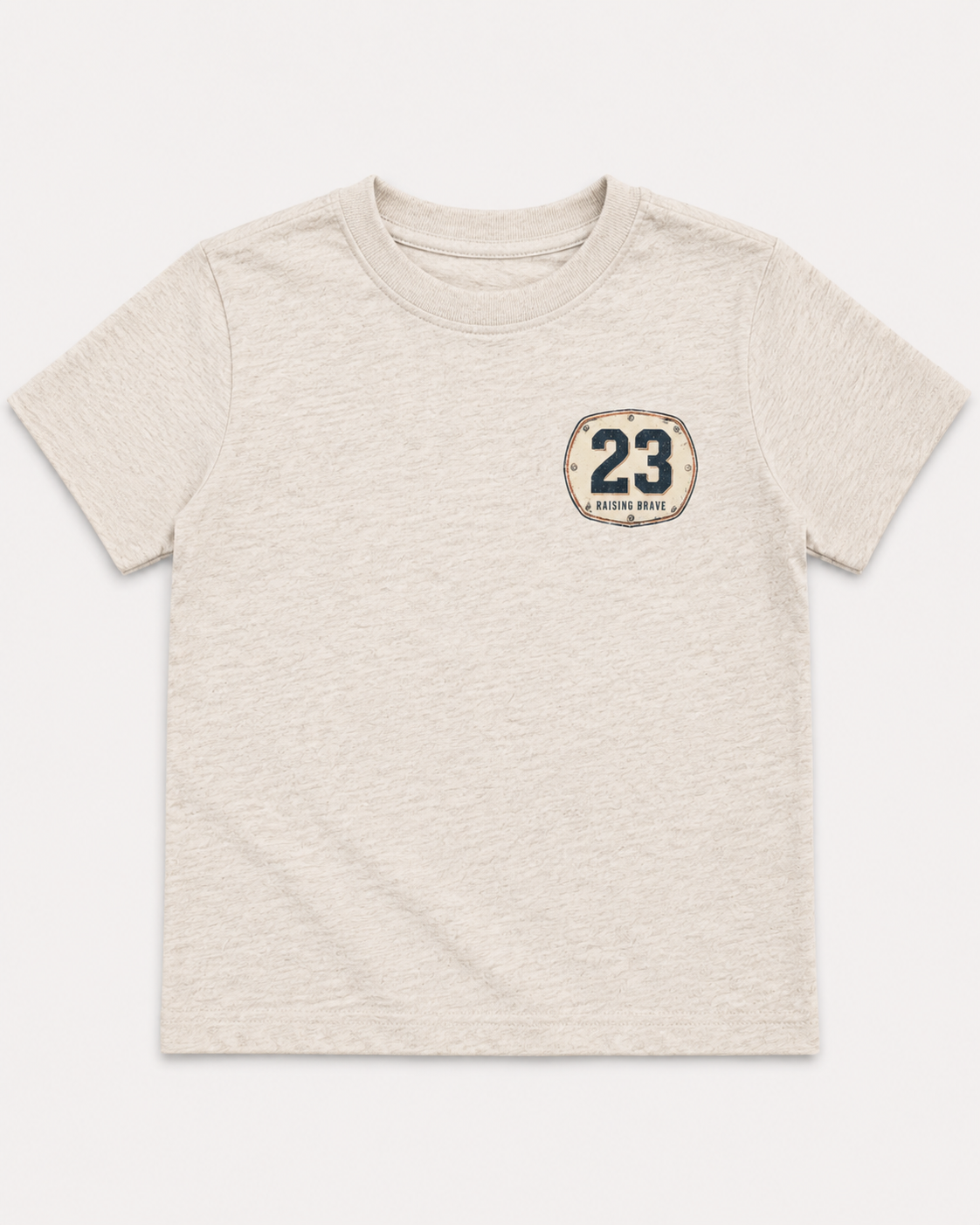 Beige t-shirt with a dirt bike plate with the number 23 on a white background