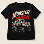 A black short-sleeve t-shirt with a 'Monster Mash' graphic on the front, featuring a stylized monster truck and bold text, displayed against a light beige background.