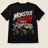 A black short-sleeve t-shirt with a 'Monster Mash' graphic on the front, featuring a stylized monster truck and bold text, displayed against a light beige background.
