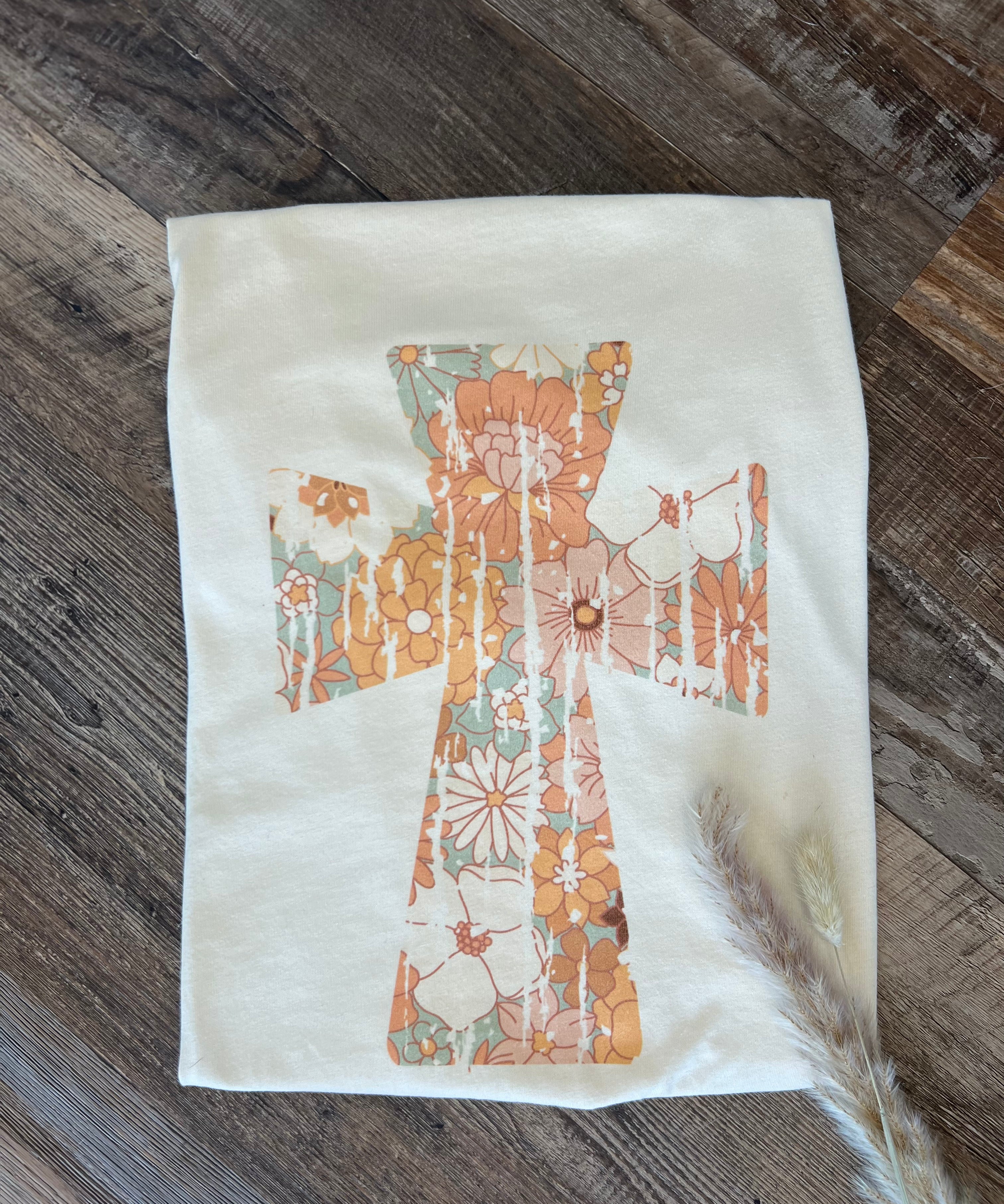 Retro Floral Cross Graphic T-Shirt- Cream - Raising Brave