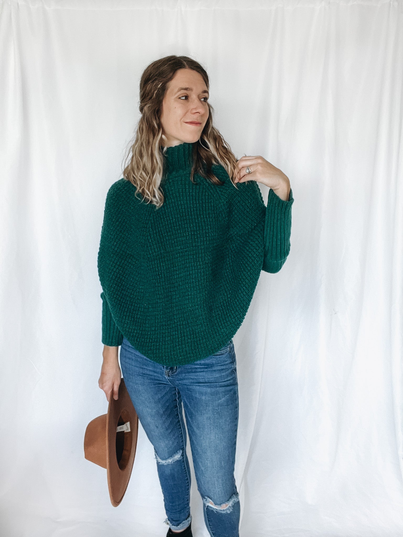 Emerald Knit Poncho Sweater - Raising Brave