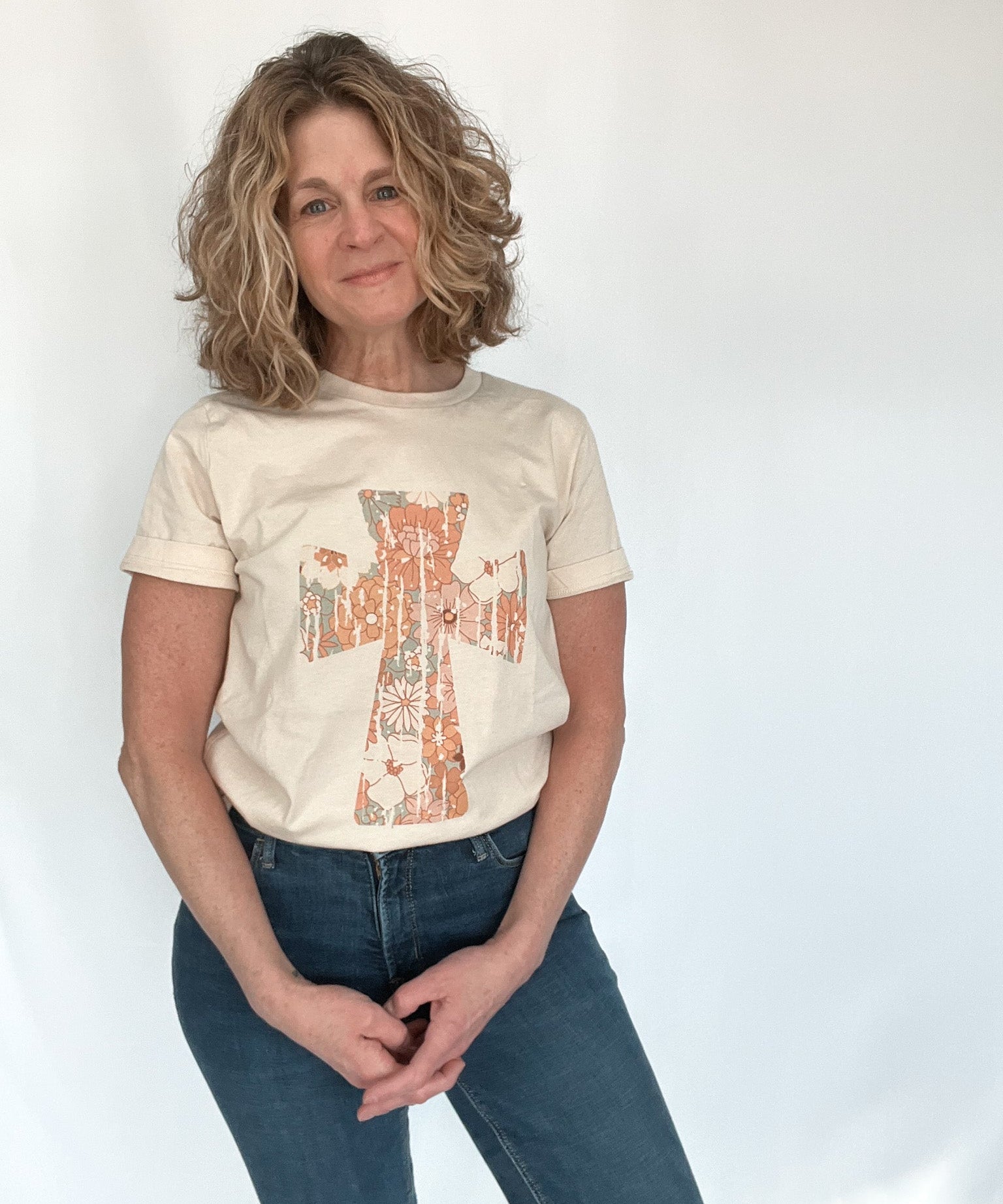 Retro Floral Cross Graphic T-Shirt- Cream - Raising Brave
