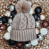 Women's Fleece Lined Pom Beanie- Taupe - Raising Brave
