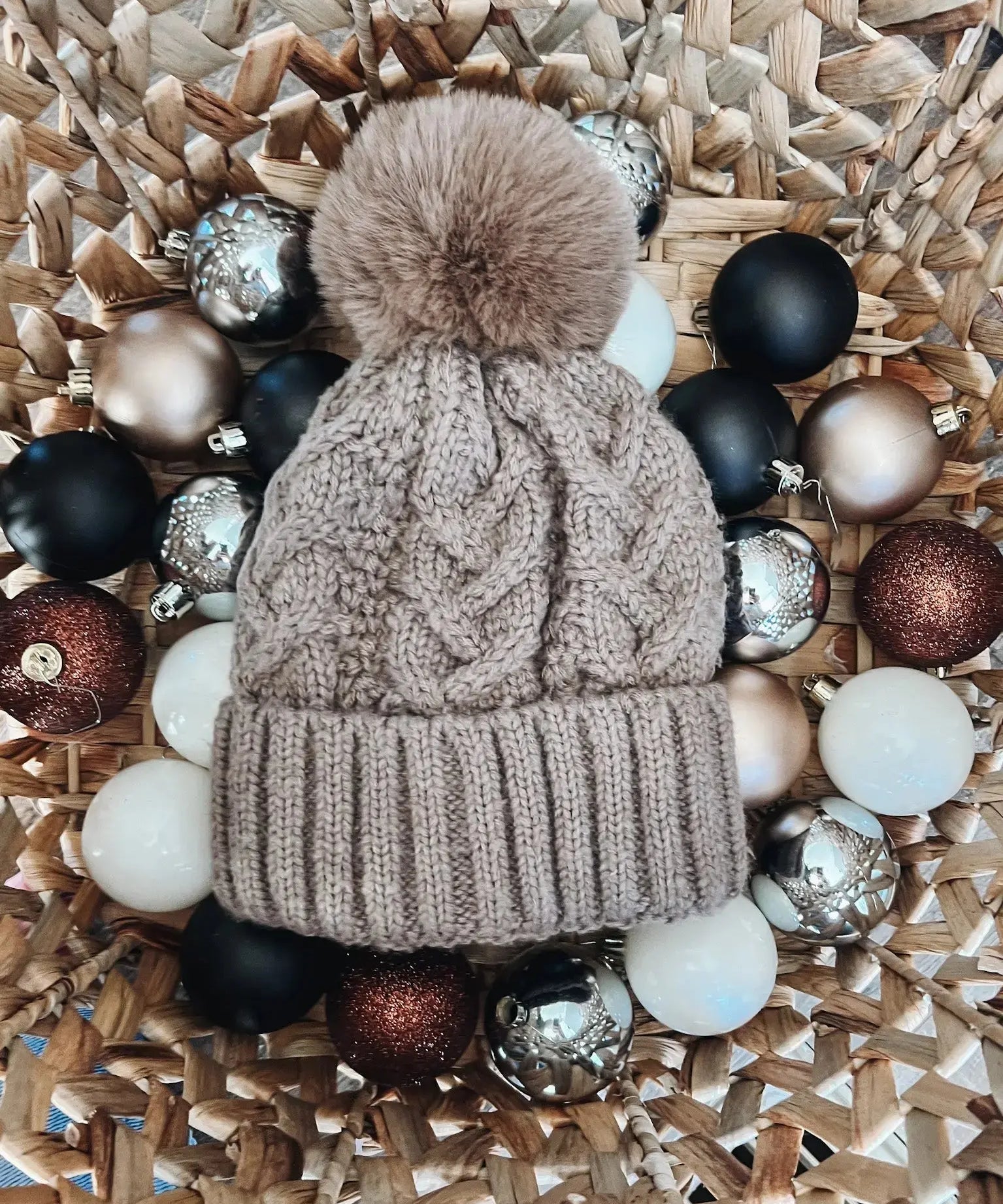 Women's Fleece Lined Pom Beanie- Taupe - Raising Brave