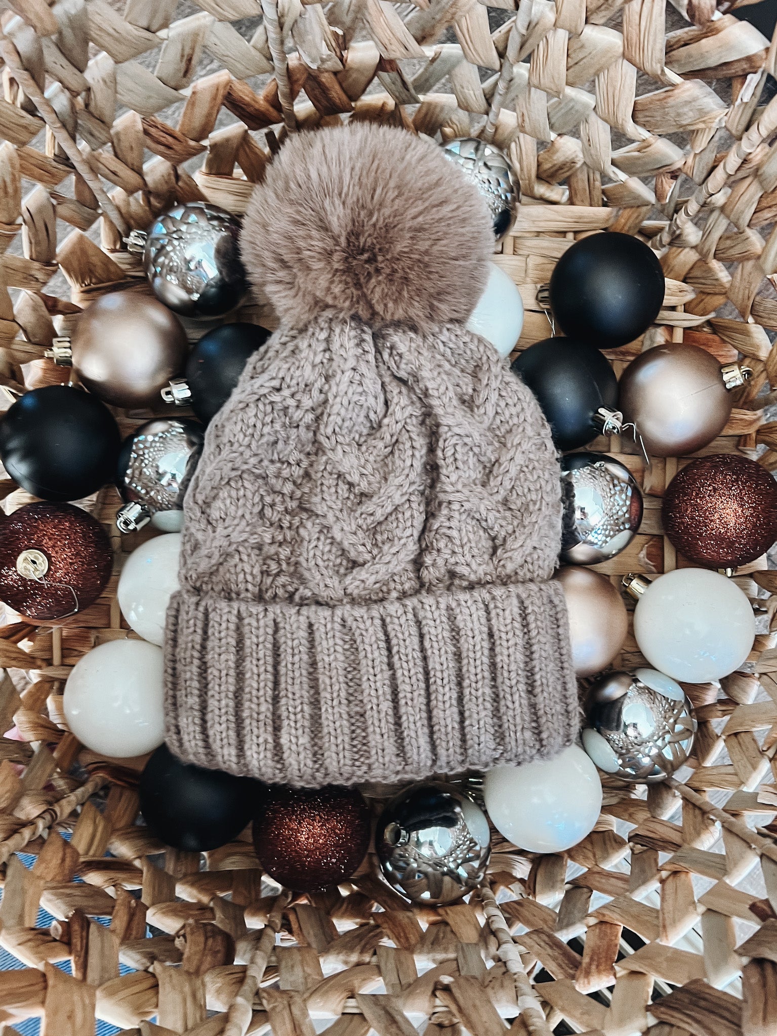 Women's Fleece Lined Pom Beanie- Taupe - Raising Brave
