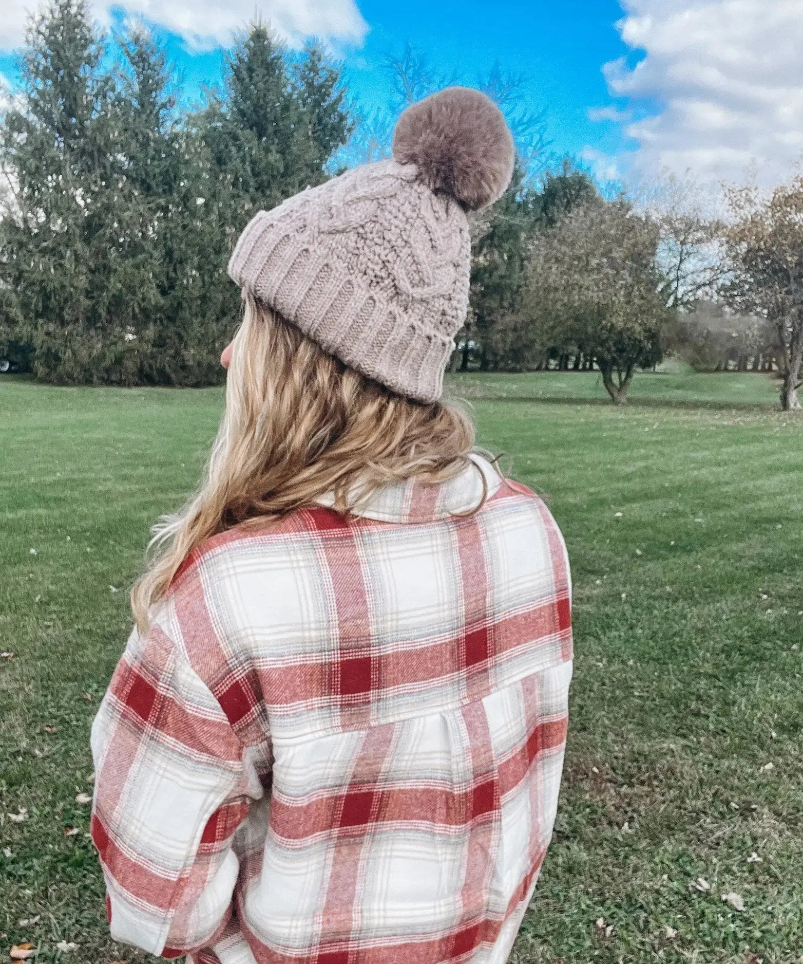 Women's Fleece Lined Pom Beanie- Taupe - Raising Brave