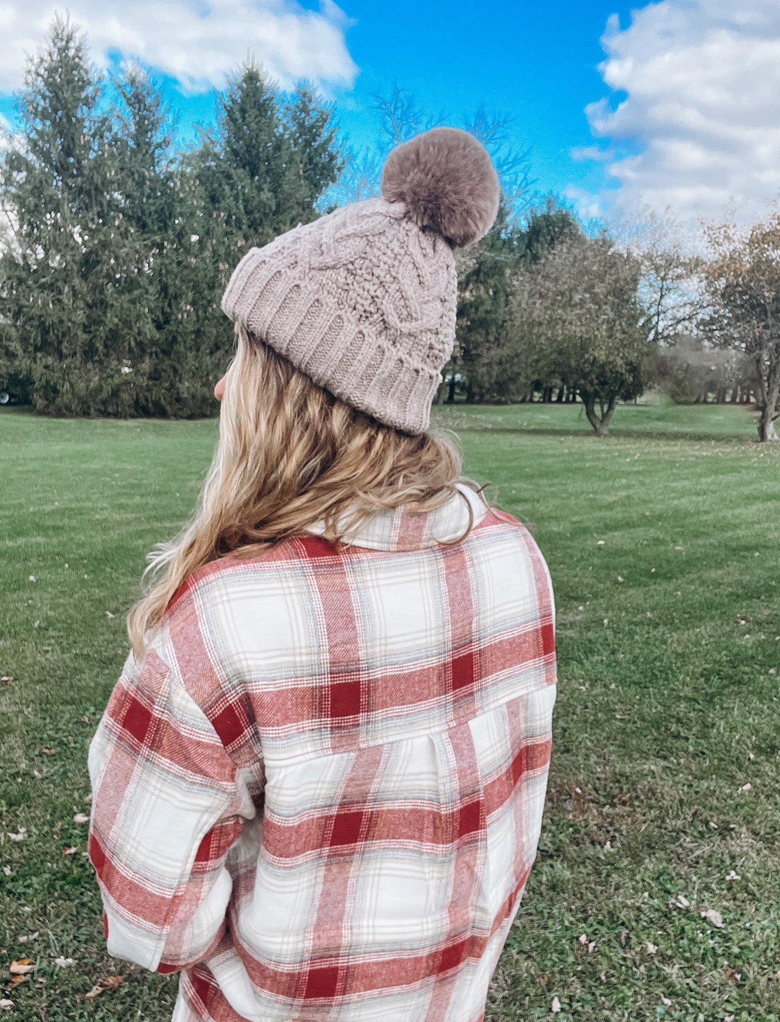 Women's Fleece Lined Pom Beanie- Taupe - Raising Brave